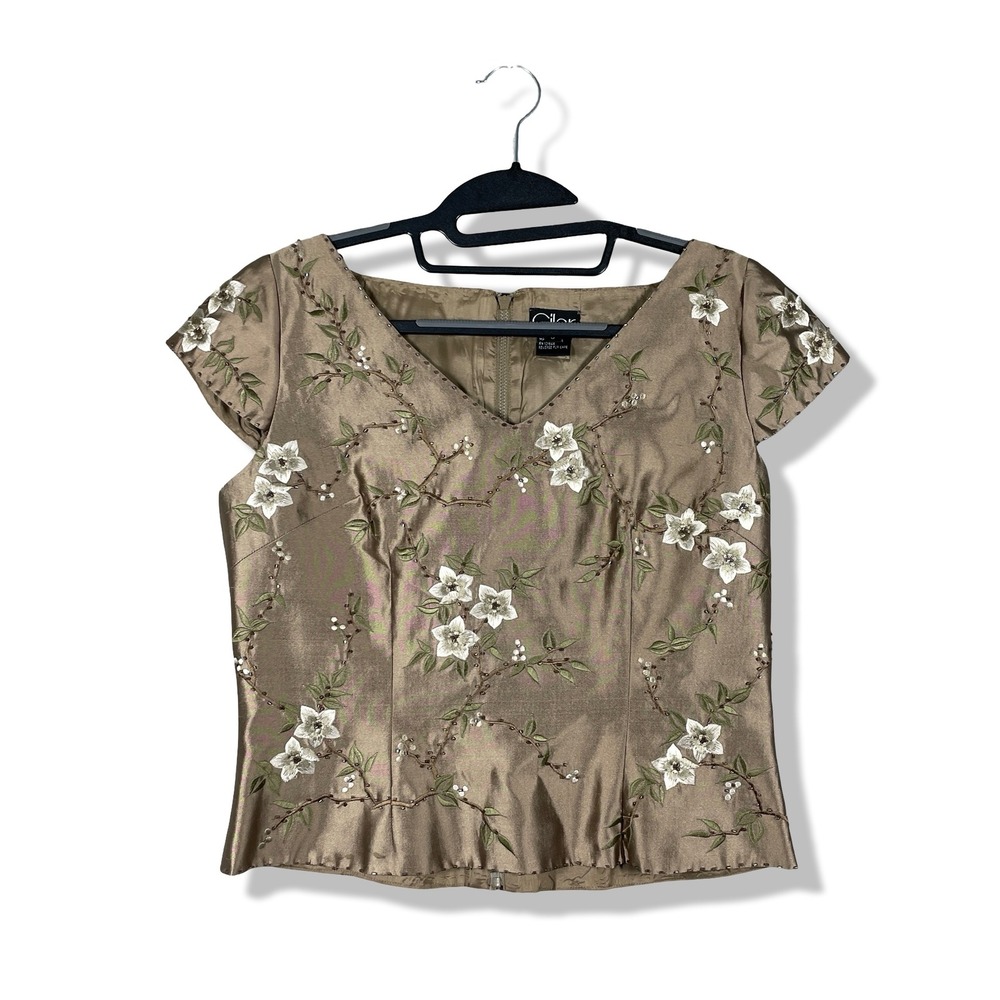 Gilar Silk Embroidered Floral Blouse Womens Size 8 Taupe Cottagecore Fairycore